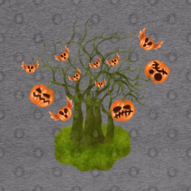 Celebrating halloween spooky season in scary pumpkins garden with flying pumpkin by fslaf